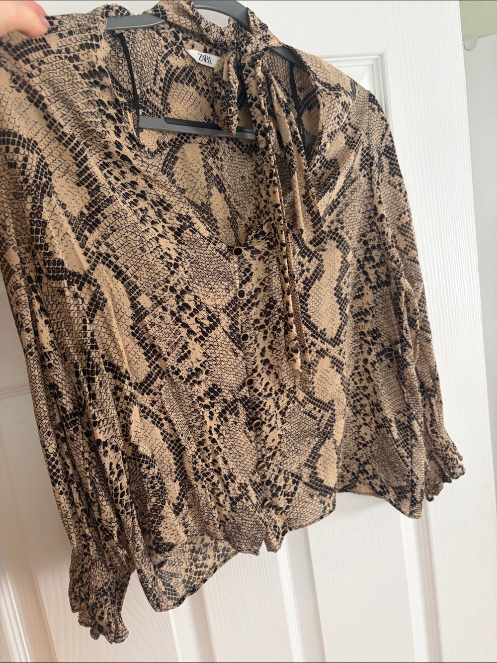 Zara Beige and Black Snake-Print Tie-Neck Blouse